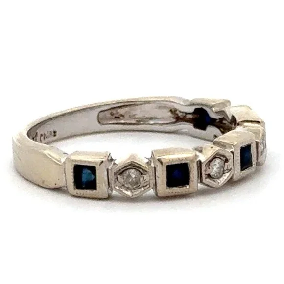 Designer 14k White Gold Round Diamonds Square Sapphires Semi Eternity Band Ring